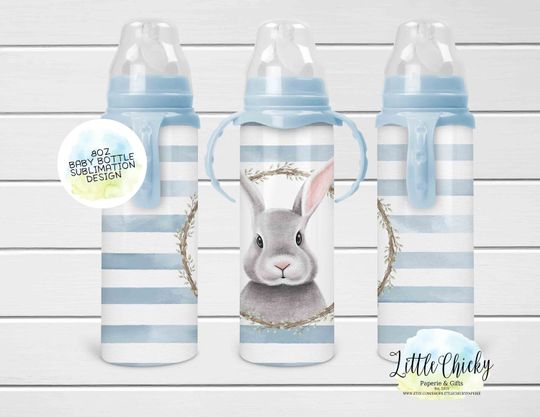 Discover Bunny 8oz Baby Bottle Sublimation Design, Blue Bunny baby bottle Kids