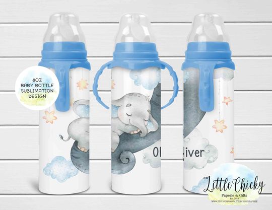 Discover Blue Baby Elephant 8oz Baby Bottle Sublimation Design
