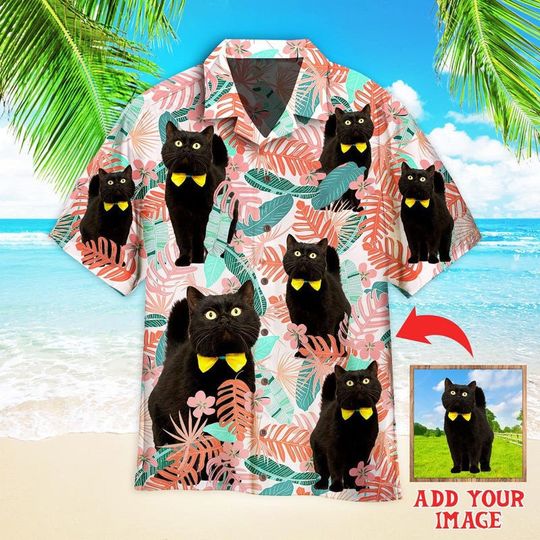 Discover Custom Cat On Pink Tropical Leaves Custom Photo Aloha Hawaiian Shirts