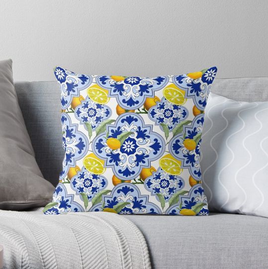 Discover Summer, Sicilian Tiles, Citrus Throw Pillow