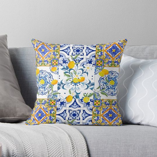 Discover Summer, Sicilian Tiles, Citrus Throw Pillow