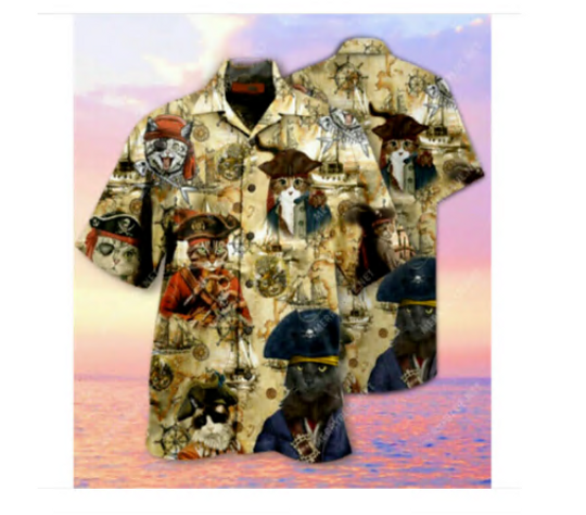 Discover Men Pirate Cat Short Sleeve Button Hawaiian Shirt Funny full size S-XL
