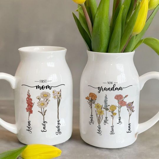 Discover First Mom Now Grandma Flower Vase With Names, Custom Birthflower