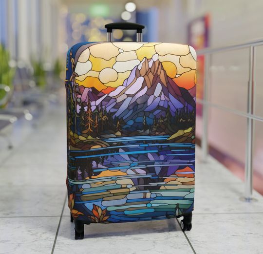 Discover Mountain Luggage Cover, Printed Faux Stained Glass, Colorful Sunset Trip Vacation Gifts