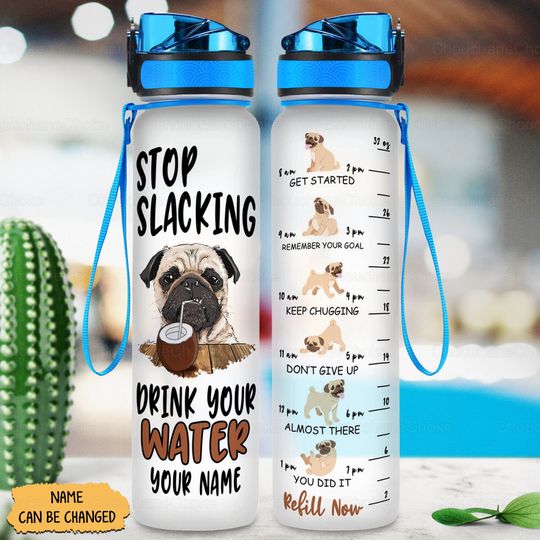 Discover Pug Water Tracker Bottle, Personalized Pug Water Bottle