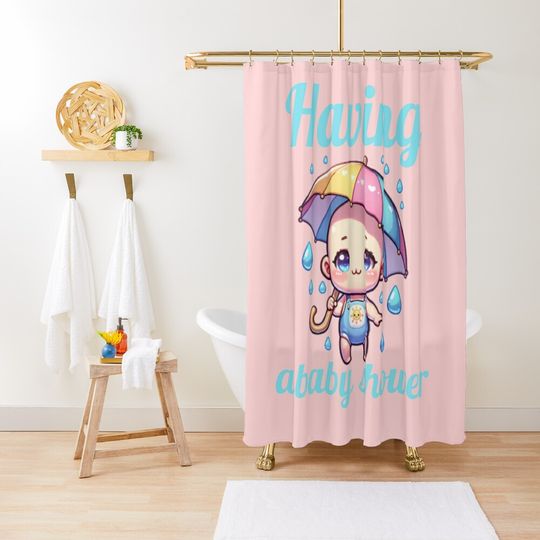 Discover Having a baby shower, cute baby holding a umbrella in the rain Shower Curtain