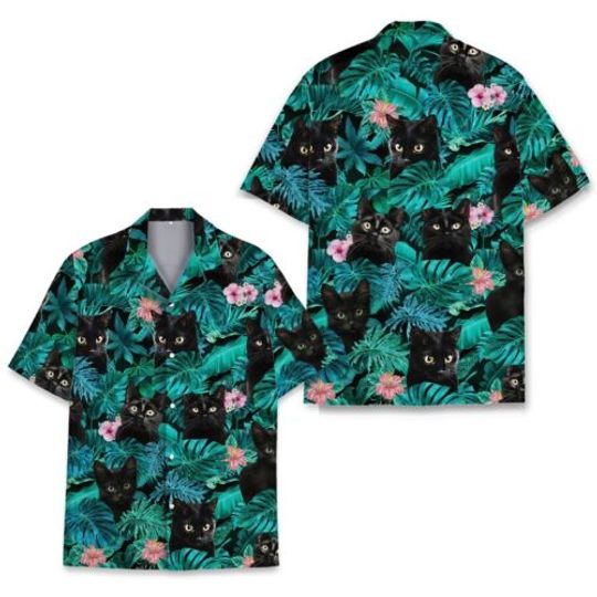 Discover Tropical Cat Hawaiian Shirts For Men Women, Black Cat Shirt Mens Casual Shirt