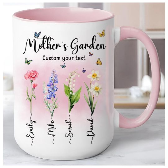 Discover Personalized Mother Mug with Custom Kid Names and Text, Custom Birth Month Birth Flower