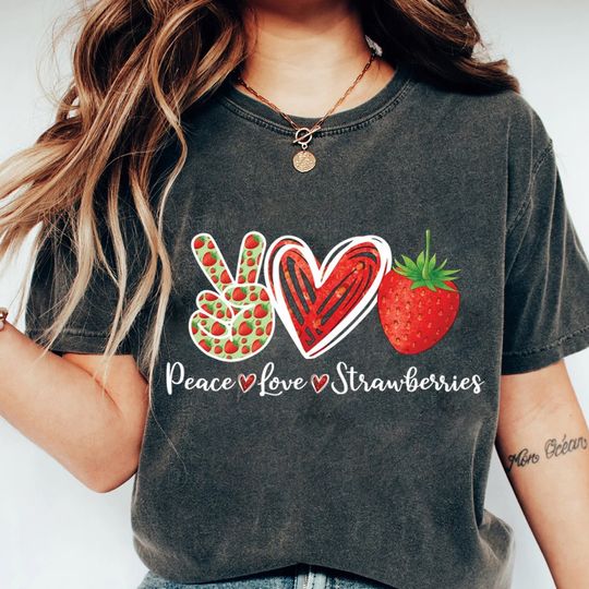 Discover Peace Love Strawberry Shirt, Fruit Lover Shirt, Cartoon Nostalgia Shirt, Love Strawberry Kid Shirt