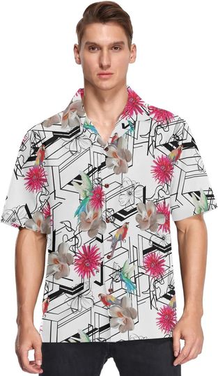 Discover Red Scarlet Macaw Bird Tropical Flowers Hawaiian Shirt