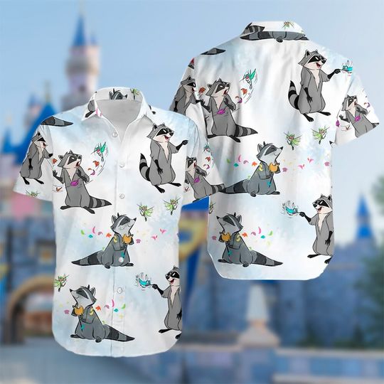 Discover Raccoon And Bird Hawaii Shirt, Princess Movie Button Up Shirt, Cartoon Hawaiian Shirt