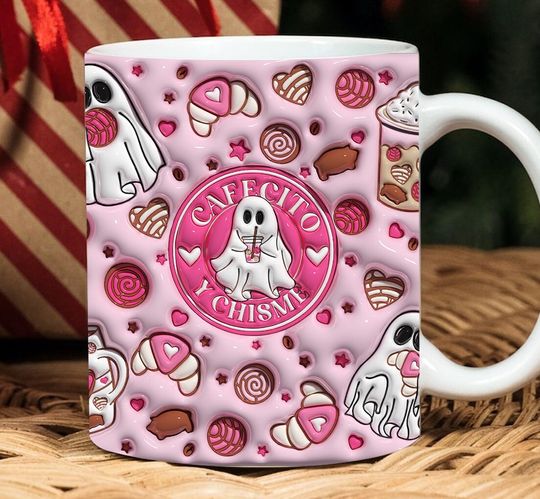 Discover 3D Cafecito Y Chisme Inflated Mug, 3D Spooky Conchas Mug, Mexican Pan Dulce Ghost Mug
