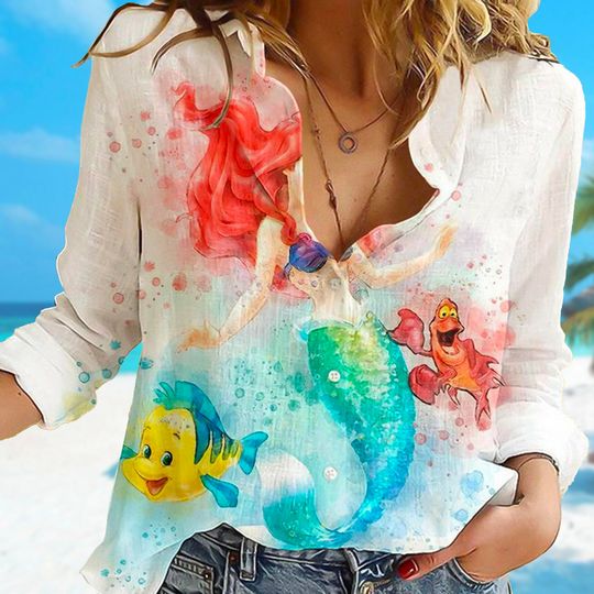 Discover Mermaid Linen Women Shirt, Princess Linen Casual T-Shirt
