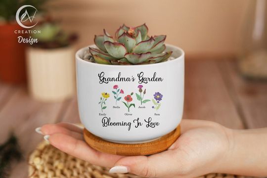 Discover Personalized Grandkids Birth Month Flowers Pot Grandma's Garden Mini Flower Pot