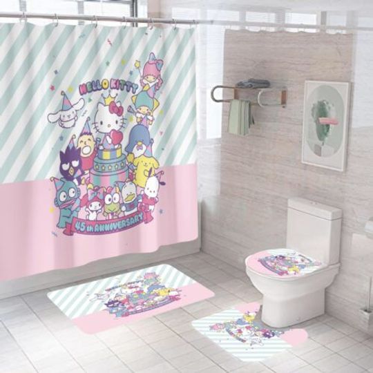 Discover Happy Birthday Kitty Shower Curtain Bathroom Bath Mat Toilet Cover Mat Set