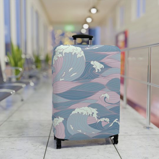 Discover Blue Pink Japanese Waves Luggage Cover