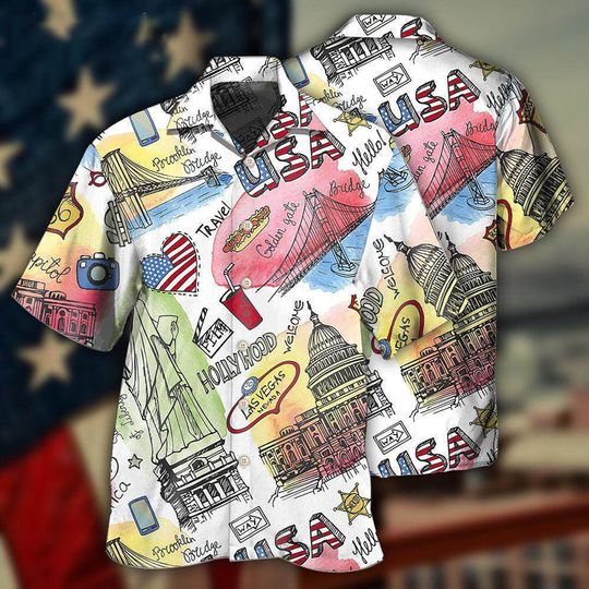 Discover America Usa Art Style Hawaiian Shirt,  Button Up Shirt Beach Shirt