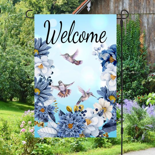 Discover Welcome Blue Daisy Hummingbird Flower Garden Flag
