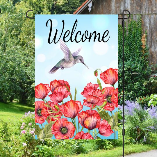 Discover Welcome Red Poppy Field Hummingbird Flower  Garden Flag