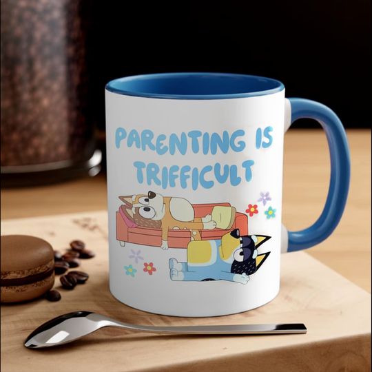 Discover Parenting is Trifficult Blue Dog Mug, Blue Dog Family Mug