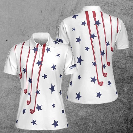Discover Custom Name White Golf American Flag 4th July Women's Polo Shirt