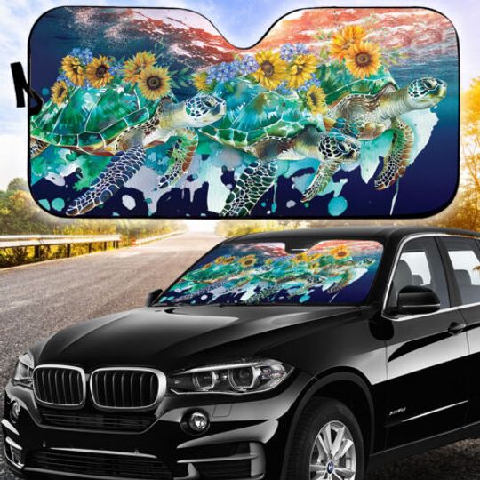 Discover Sea Turtle Car Sunshade Family Turtle Sunflower Undersea Auto Sun Shade