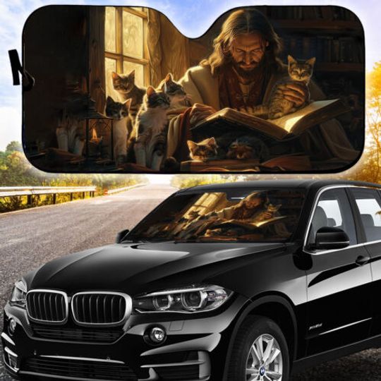 Discover Jesus Reading Bible With Cats Car Sunshade