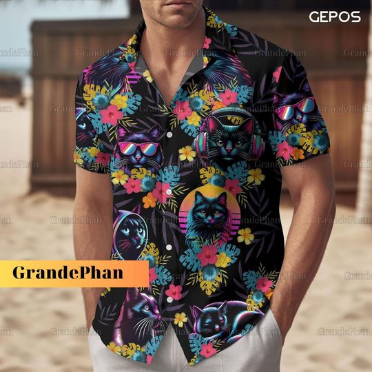 Discover Black Cat Button Shirt and Cat Lover Hawaiian Shirt for Cat Enthusiasts