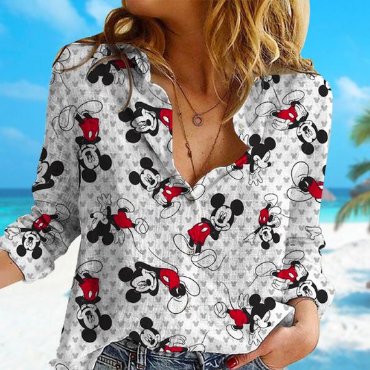 Discover Cute Mouse Linen T-Shirt, Cartoon Women Blouses Shirt, Mouse Characters Linen Casual Shirt