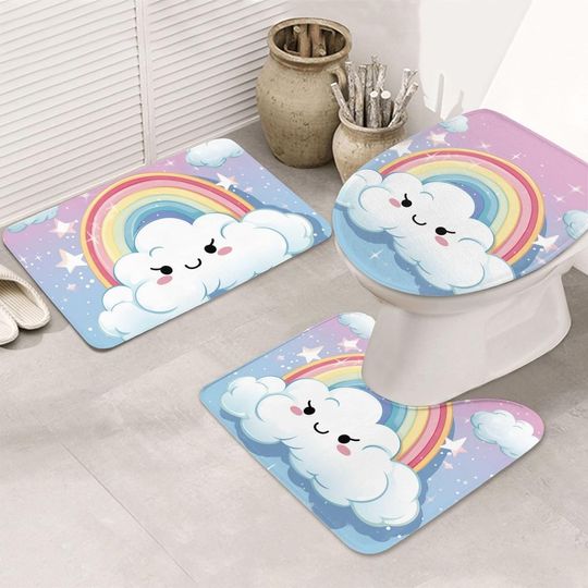 Discover Cute Cartoon Smiling Cloud Rainbow Print Bath Mat Set 3 Piece Non-Slip Absorbent Bathroom Rug Toilet Seat