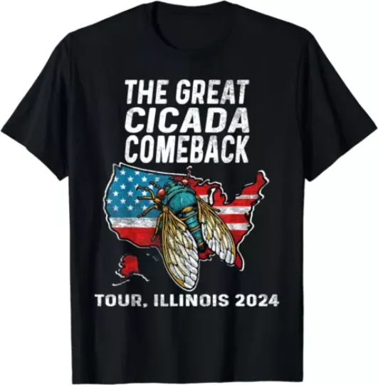 Discover The Great Cicada Comeback Tour, Illinois 2024 Patriotic Map T-Shirt