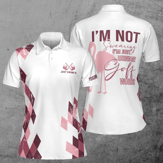 Discover Custom Name Pink Flamingo Argyle Just Swing It Golf Women's Polo Shirt