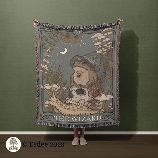 Discover Wizard Frog Tarot Card Woven Blanket, Witchy Goblincore Throw Blanket, Cute Toad Gift