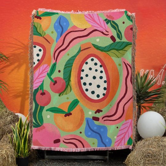 Discover Cartoon Style Fruit Woven Blanket, Banana Orange Cherry Woven Blanket