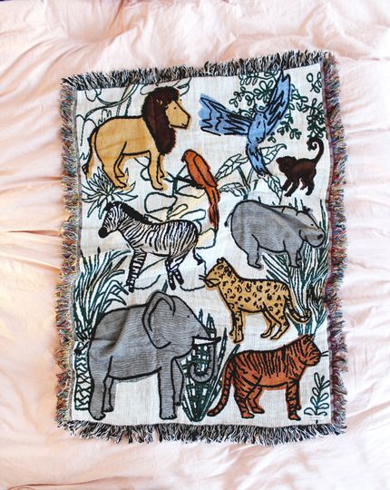 Discover Into The Jungle Mini Blanket - Colorful Cotton Throw With Wild Animals Plants Pattern