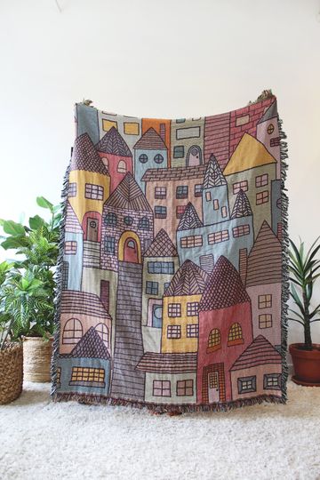 Discover Hillside Village Multi-Color Tapestry Blanket - Houses Throws