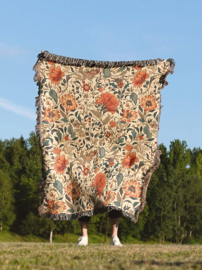 Discover Floral Cottagecore Flowers Throw Blanket, Vintage Woven Rug Wall Hanging Sofa Bed Cover