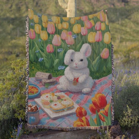 Discover Kawaii Rabbit Picnic Large Throw Woven, Easter Themed Bunny Blanket