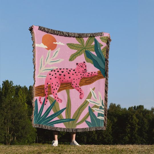 Discover Pink Leopard Woven BlanketTropical Jungle Animal Sofa BlanketCartoon Leopard