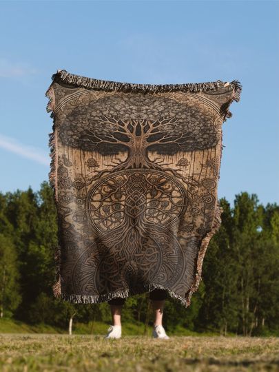 Discover Celtic Yggdrasil Tree Throw Blanket, Norse Mythology Woven Wall Hanging Art Decor