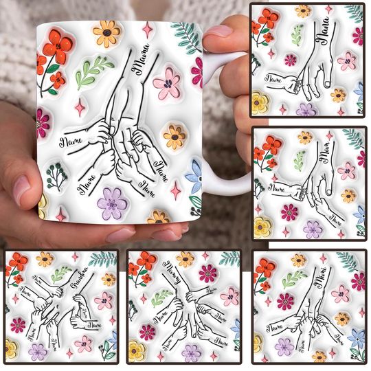 Discover Personalized Holding Moms Hand 3D Inflated Effect Mug, Mother's Day Floral Mug