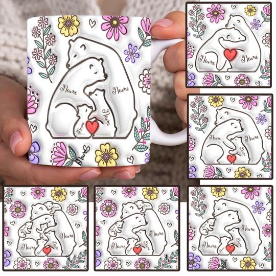 Discover Custom Bear Family 3D Inflated Effect Mug, Mama Bear Floral 11oz Mug