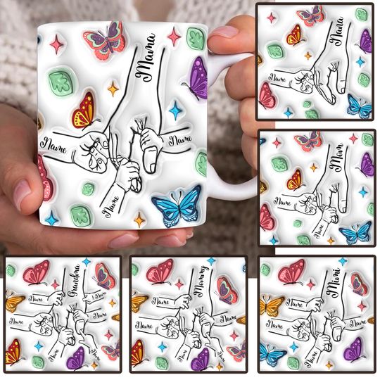 Discover Bundle Custom Up to 6 Kids Holding Moms Hand Mug, Mama Butterfly 3D Inflated Effect Mug