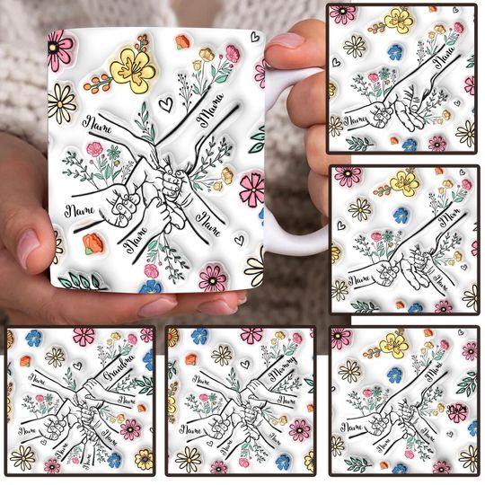 Discover Bundle Custom Up to 6 Kids Holding Moms Hand 3D Inflated Effect Mug, Mama Floral 11oz Mug