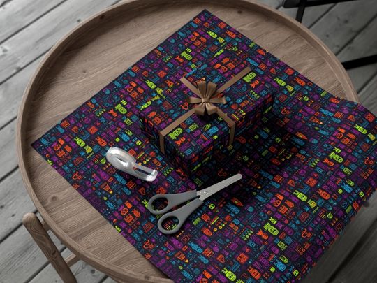 Discover Colorful Alien Characters Wrapping Paper Bold and Tribal Cartoon Neon Gift Wrap