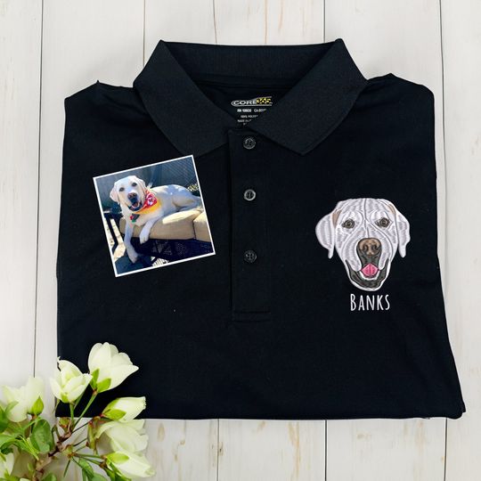 Discover Embroidered Dog Polo Shirt, Personalized Pet Portrait From Photo Shirt, Custom Dog Portrait Shirt