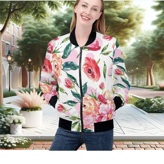 Discover Floral flower Botanical pink Women's Bomber Jackets