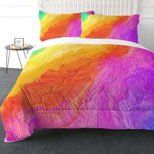 Discover Rainbow Comforter Set Orange Pink Yellow -  Micromink 3D Bedding Sets