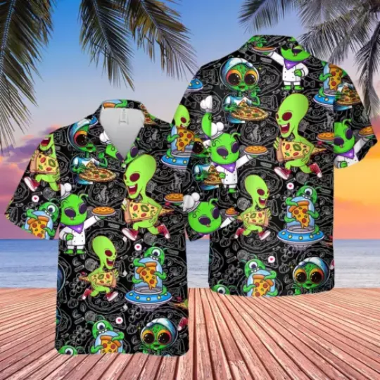 Discover Green Alien At Pizza Galaxy Hawaiian Shirt