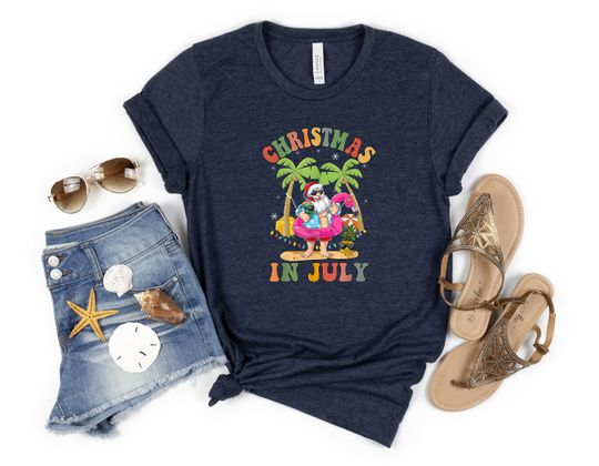 Discover Christmas in July Shirt, Summer Santa Claus Shirt, Tropical Christmas, Christmas In July